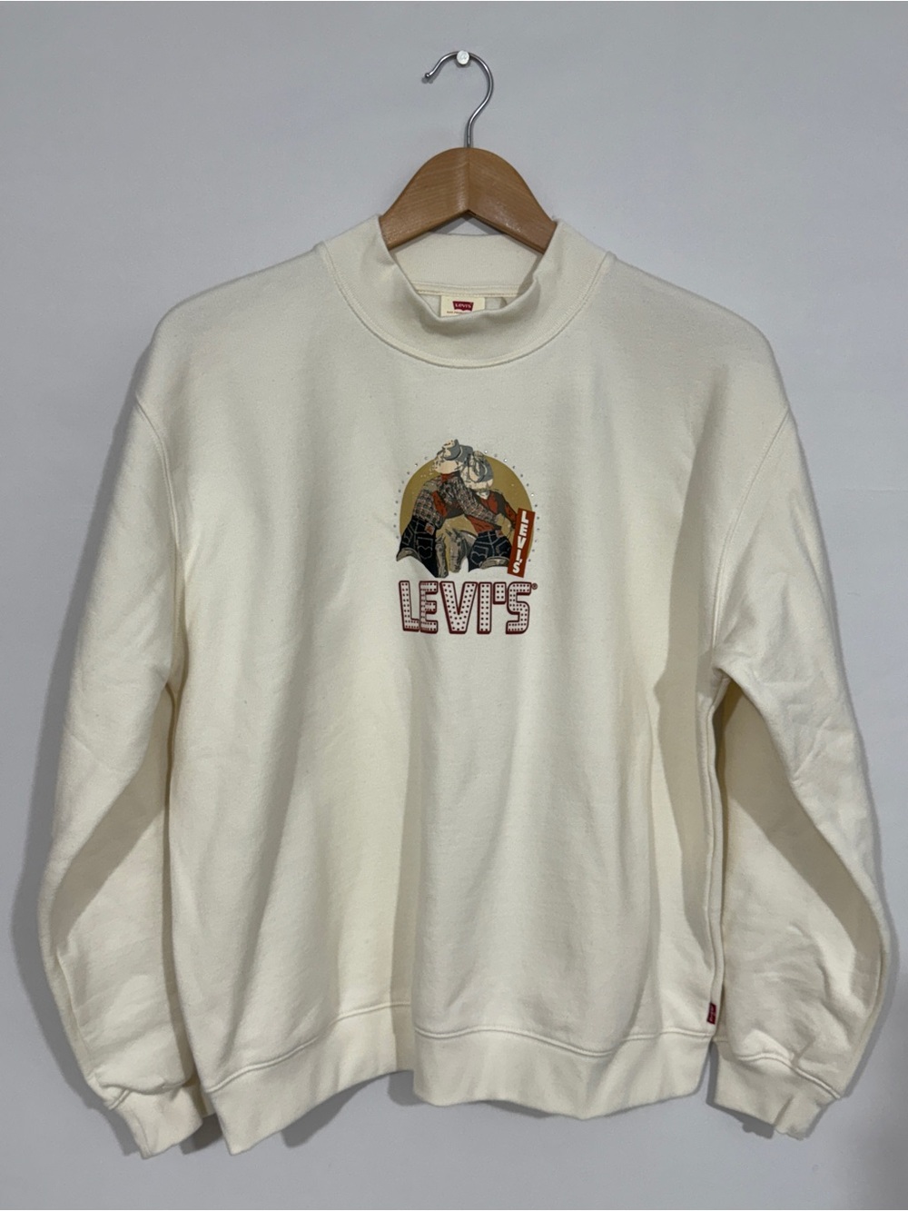 WSW16 {Levi's} Off White Cream Ivory Red Beaded Cowboy Crewneck Sweatshirt